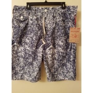 True Religion Board Big T Blue Acid Wash Shorts